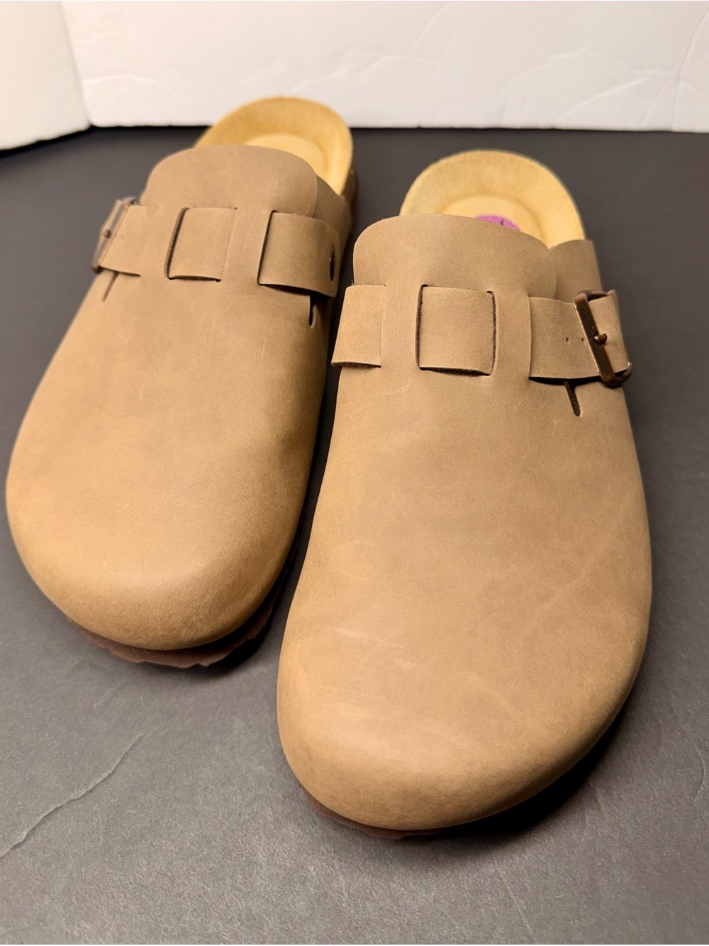 Women’s Tan Slip-On Buckle Clogs